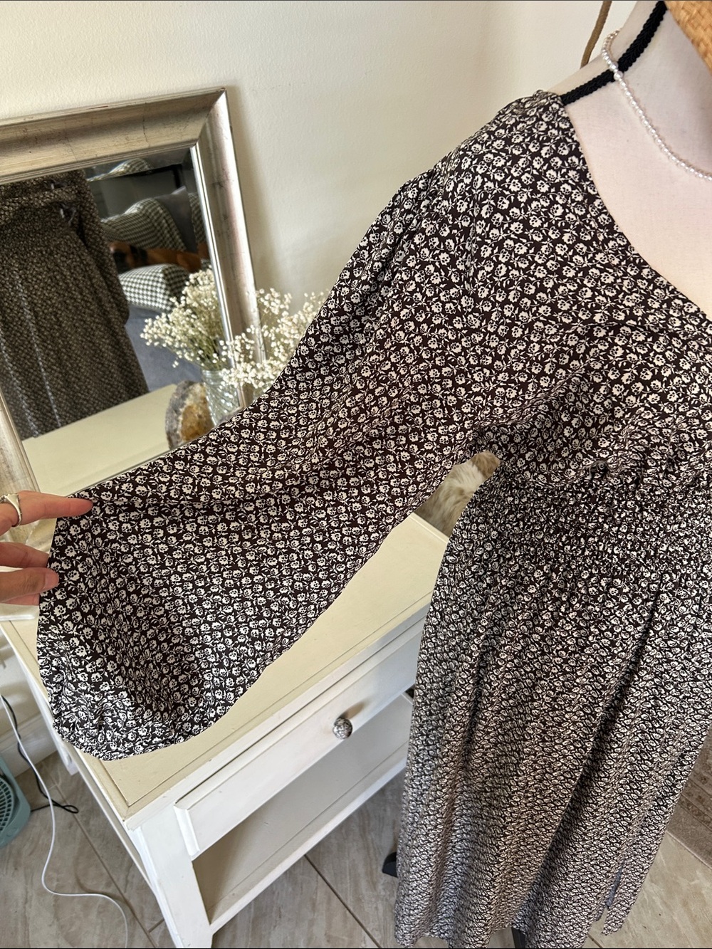 Gap V neck smocked waist brown floral cottage long balloon sleeve maxi dress L - Picture 9 of 13